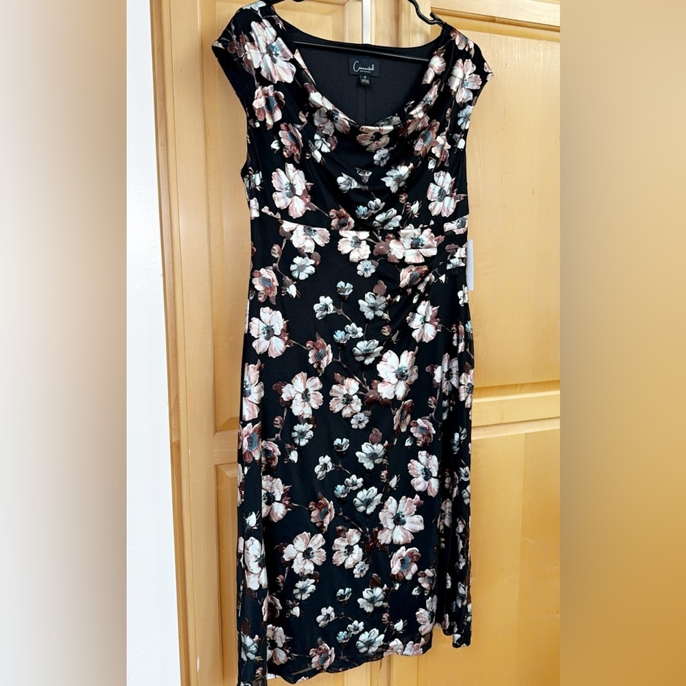Connected Apparel Women’s Black Floral Print Cowl Neck Short Dress Size 12 NEW - Picture 4 of 11
